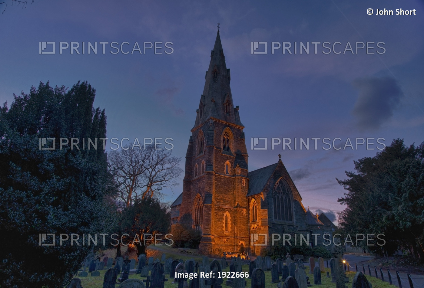 A Cemetery And Church Building Illuminated; Ambleside, Cumbria, England