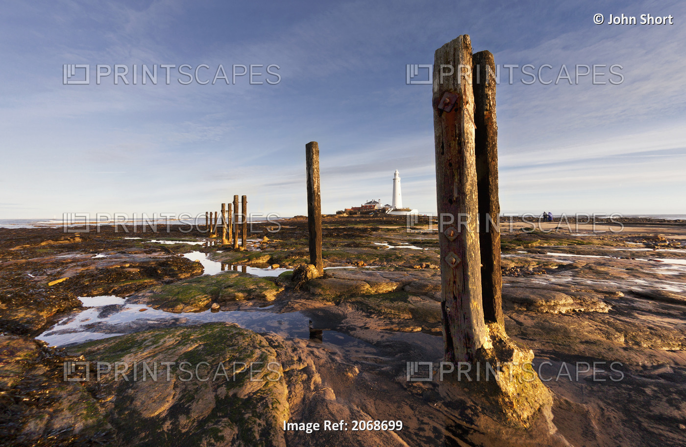 Wooden Posts At The Water's Edge With A Lighthouse In The Distance At Whitley ...