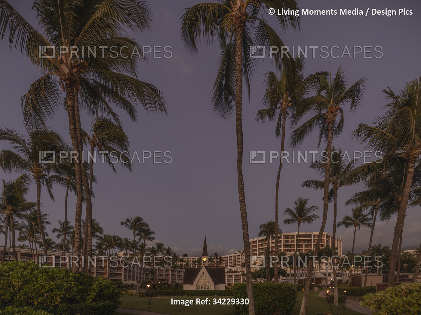 Twilight view of hotel and palm trees on a resort at Wailea Beach on the island ...