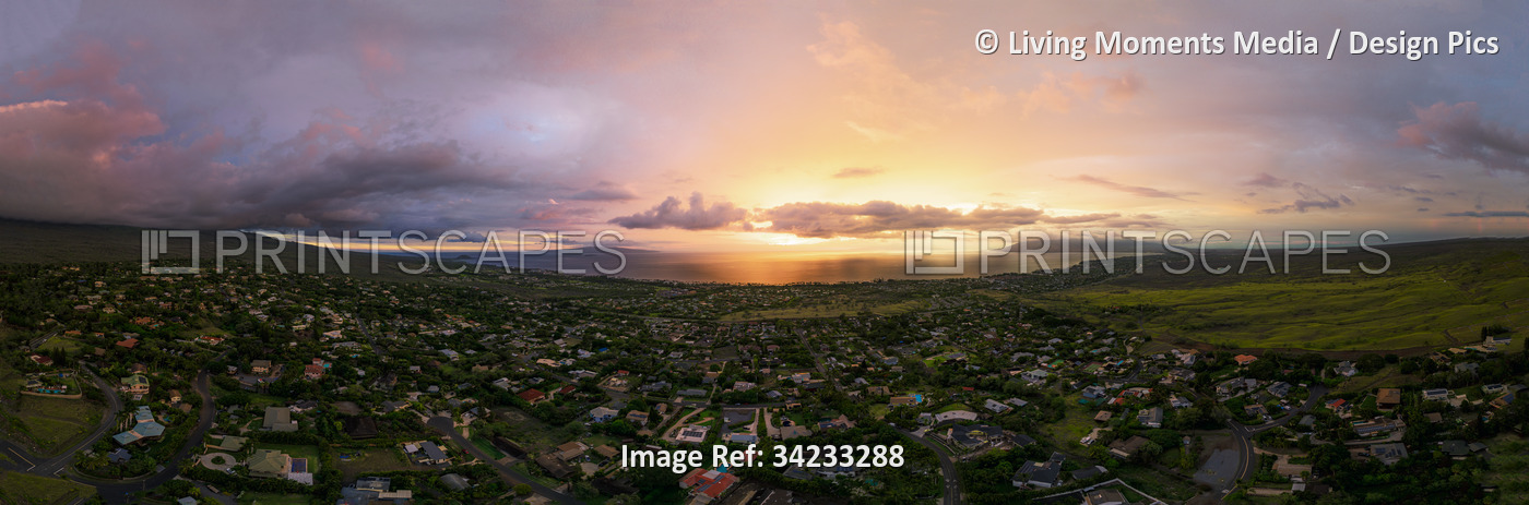 Panoramic view of housing in Kihei and the Pacific Ocean at sunset in Kihei, ...
