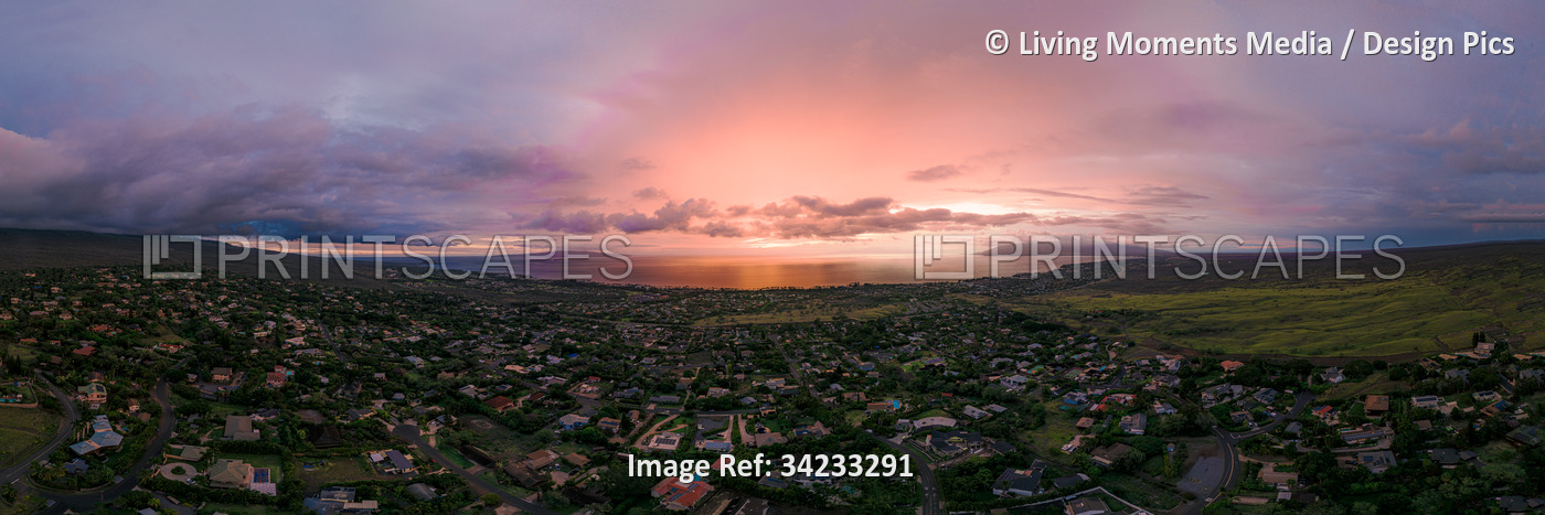 Panoramic view of housing in Kihei and the Pacific Ocean at sunset in Kihei, ...