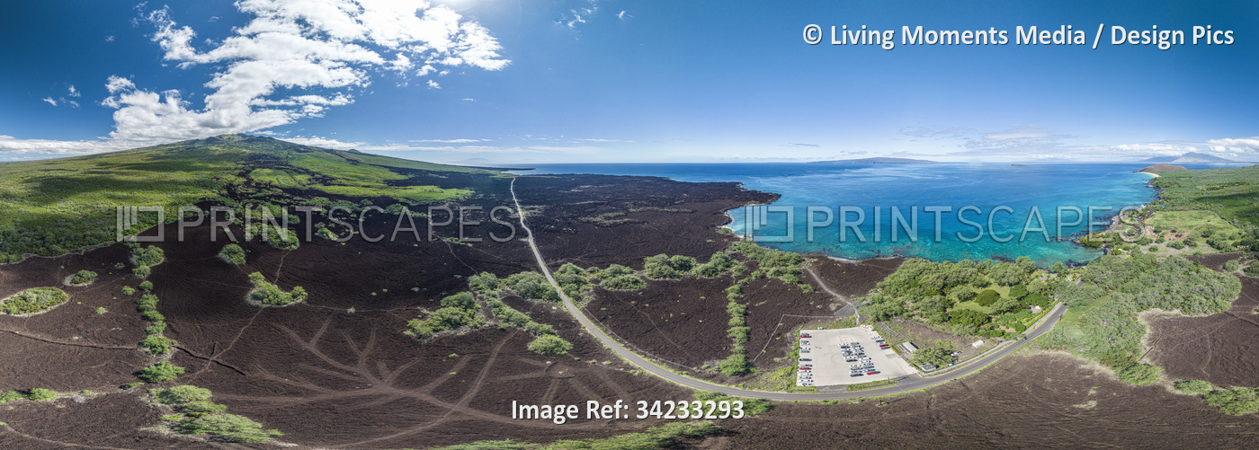 Drone view of Ahihi Bay and the coastline of Maui, with a view of Molokini ...