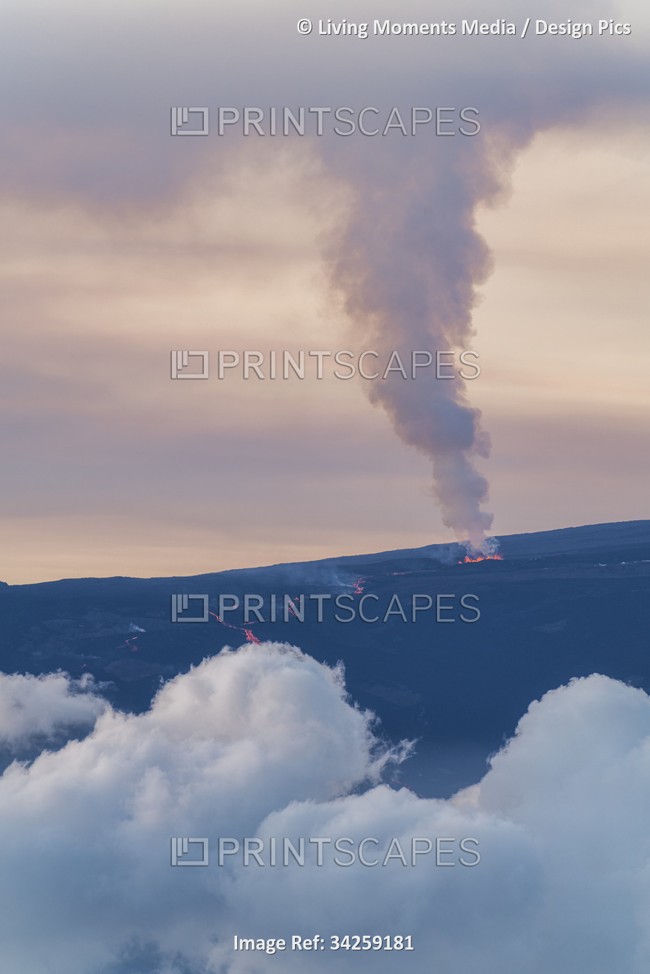 View of the smoky plume at twilight from the 2022 eruption of Mauna Loa Volcano ...